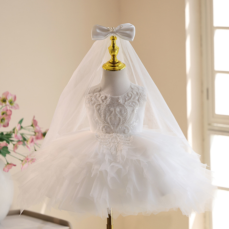 Baby Clothing Usa - Vestido Branco de Renda com Miçangas